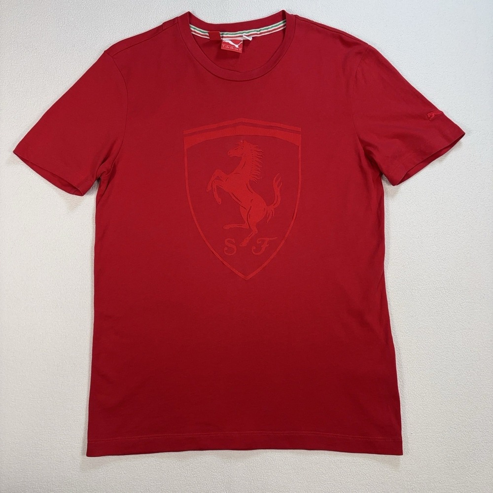 Puma Ferrari Shield Logo T-Shirt Men S Red 100% Cotton Crew Neck Official *READ*